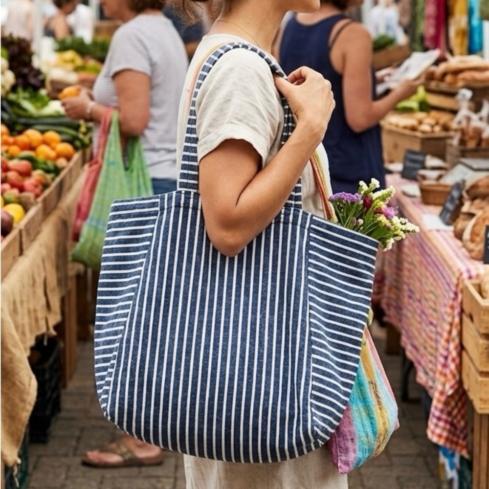 Navy Blue & White Striped Canvas Tote Bag - Oversized & Durable